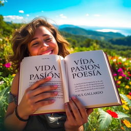 A person immersed in a beautiful landscape, happily reading an open book