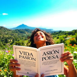 A person immersed in a beautiful landscape, happily reading an open book