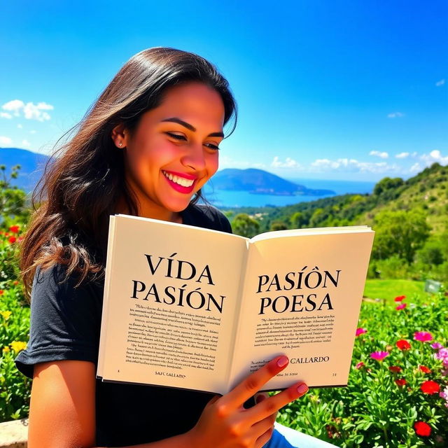 A person immersed in a beautiful landscape, happily reading an open book