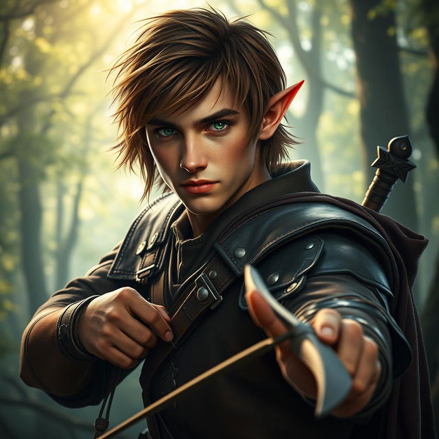 A male forest elf in a combat stance, featuring brown hair and dark green eyes