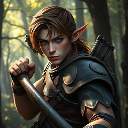 A male forest elf in a combat stance, featuring brown hair and dark green eyes