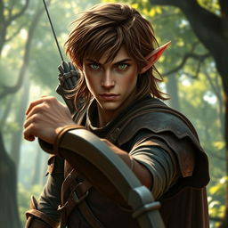 A male forest elf in a combat stance, featuring brown hair and dark green eyes