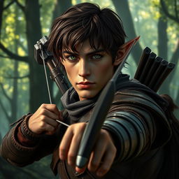 A male forest elf in a combat stance, featuring brown hair and dark green eyes