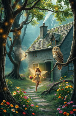 An enchanting scene depicting the essence of English folklore, featuring mythical creatures like a woodland fairy and a wise old owl, set in a lush, vibrant forest with ancient trees and sparkling fairy lights