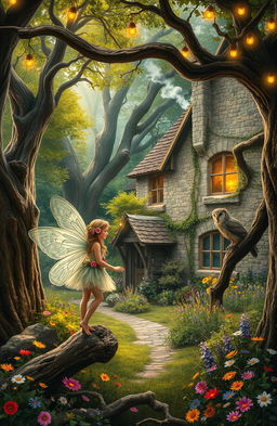 An enchanting scene depicting the essence of English folklore, featuring mythical creatures like a woodland fairy and a wise old owl, set in a lush, vibrant forest with ancient trees and sparkling fairy lights