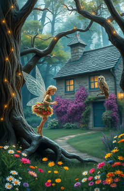 An enchanting scene depicting the essence of English folklore, featuring mythical creatures like a woodland fairy and a wise old owl, set in a lush, vibrant forest with ancient trees and sparkling fairy lights