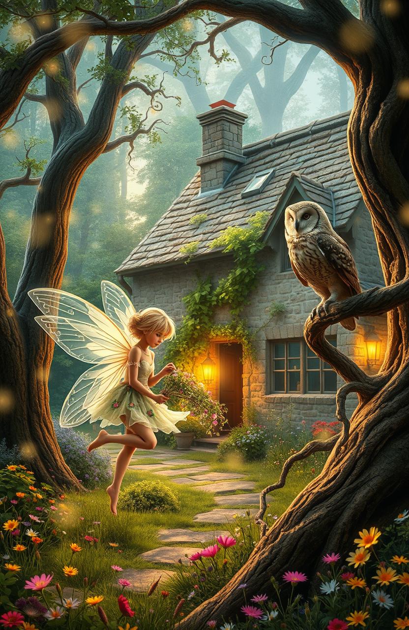 An enchanting scene depicting the essence of English folklore, featuring mythical creatures like a woodland fairy and a wise old owl, set in a lush, vibrant forest with ancient trees and sparkling fairy lights