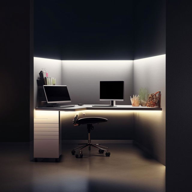 A sleek, modern workstation equipped with top-notch technology and ergonomic design, subtly illuminated.