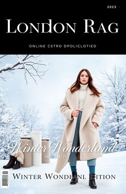 A stylish magazine cover for London Rag's online magazine, featuring the theme "Winter Wonderland" for January 2025