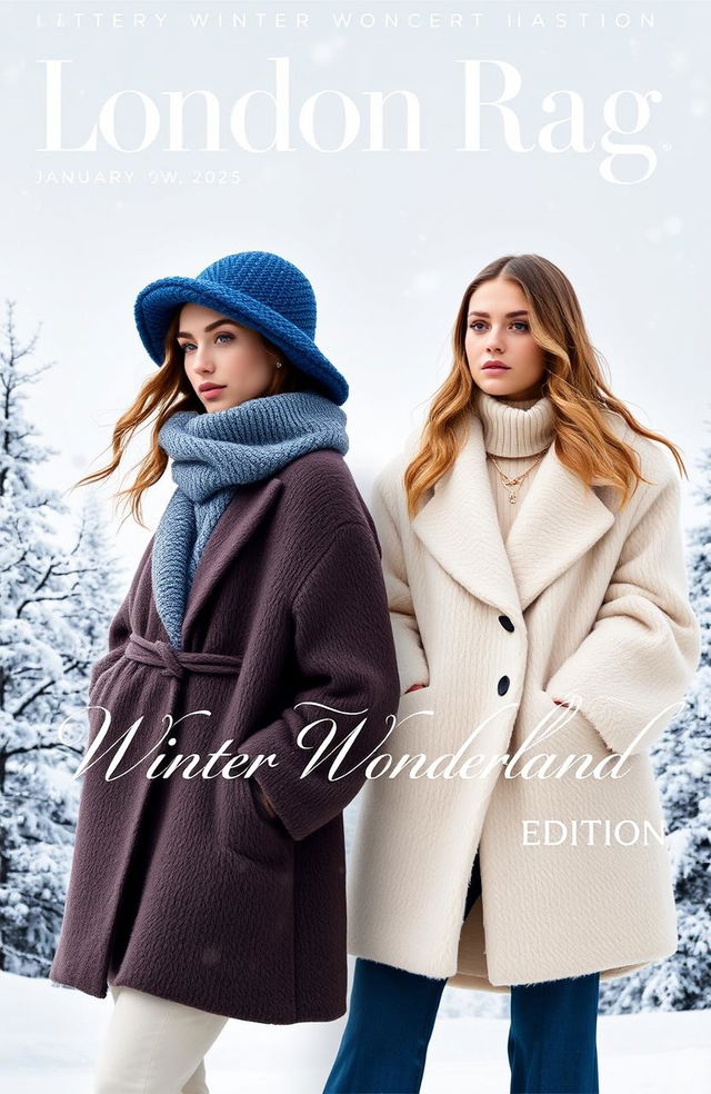 A stylish magazine cover for London Rag's online magazine, featuring the theme "Winter Wonderland" for January 2025