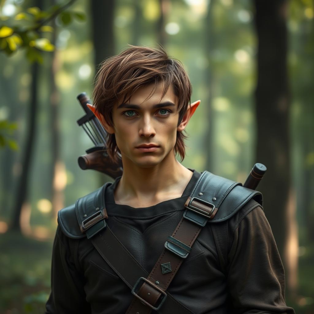 An unassuming male forest elf in a relaxed pose, with brown hair and dark green eyes