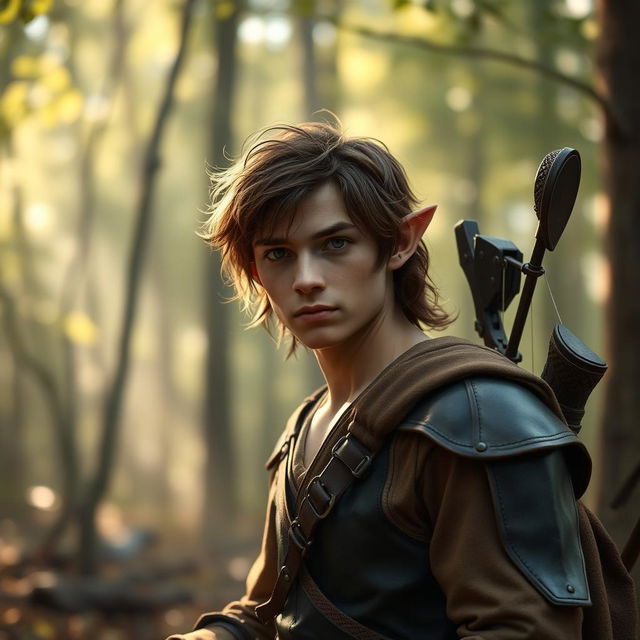 An unassuming male forest elf in a relaxed pose, with brown hair and dark green eyes