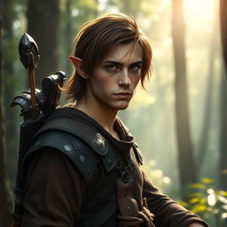 An unassuming male forest elf in a relaxed pose, with brown hair and dark green eyes