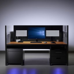 A sleek, modern workstation equipped with top-notch technology and ergonomic design, subtly illuminated.