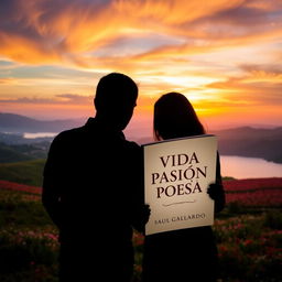 A silhouette of two people standing together in a beautiful landscape, both looking at an open book