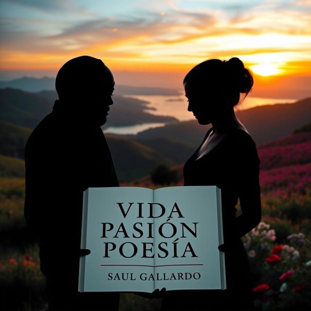 A silhouette of two people standing together in a beautiful landscape, both looking at an open book