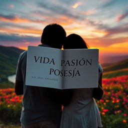 A silhouette of two people standing together in a beautiful landscape, both looking at an open book