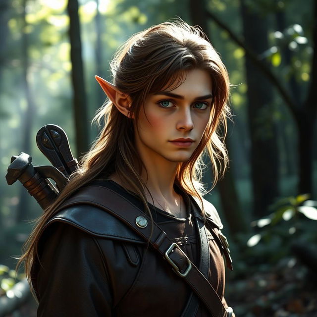 An unassuming male forest elf with long brown hair and dark green eyes, depicted in a relaxed stance