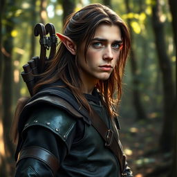 An unassuming male forest elf with long brown hair and dark green eyes, depicted in a relaxed stance