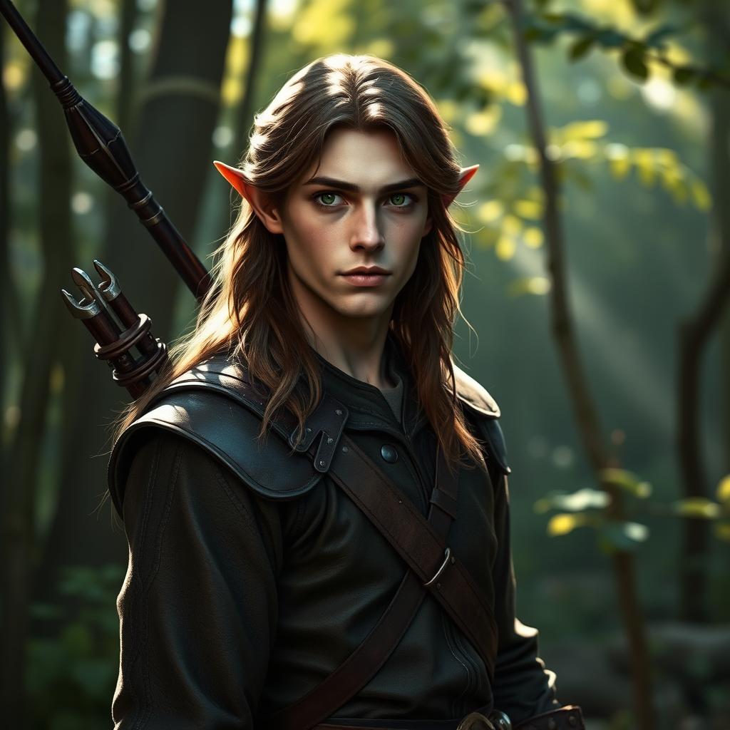 An unassuming male forest elf with long brown hair and dark green eyes, depicted in a relaxed stance