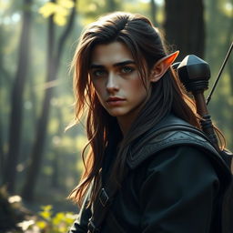 An unassuming male forest elf with long brown hair and dark green eyes, depicted in a relaxed stance