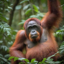 A detailed image of a vibrant orangutan in its natural habitat, perched on a thicket of lush green tropical trees, its bright orange-red fur contrasting against the verdant background.