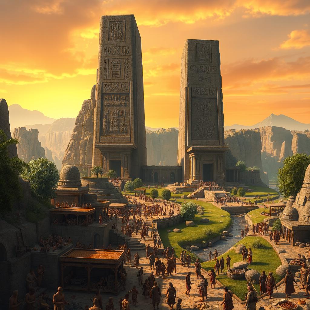 A grand scene depicting a vast, impressive empire set in the stone era, featuring massive stone structures and carved monuments