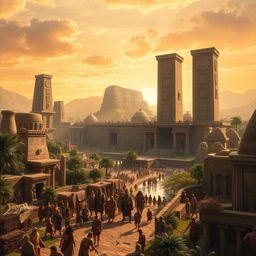 A grand scene depicting a vast, impressive empire set in the stone era, featuring massive stone structures and carved monuments