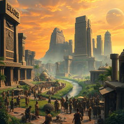 A grand scene depicting a vast, impressive empire set in the stone era, featuring massive stone structures and carved monuments