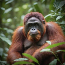 A detailed image of a vibrant orangutan in its natural habitat, perched on a thicket of lush green tropical trees, its bright orange-red fur contrasting against the verdant background.