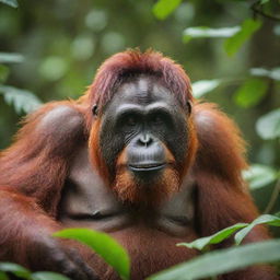 A detailed image of a vibrant orangutan in its natural habitat, perched on a thicket of lush green tropical trees, its bright orange-red fur contrasting against the verdant background.