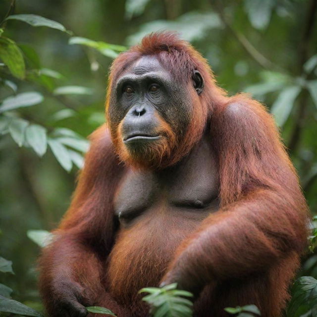 A detailed image of a vibrant orangutan in its natural habitat, perched on a thicket of lush green tropical trees, its bright orange-red fur contrasting against the verdant background.