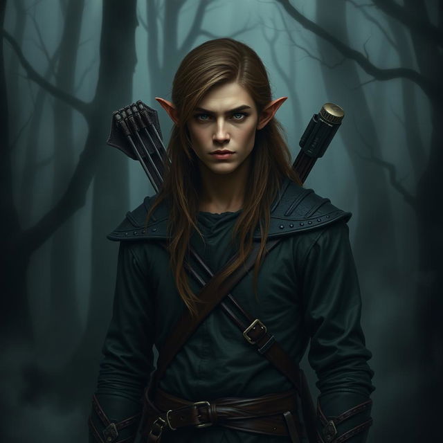 An unassuming male forest elf with long brown hair and dark green eyes, depicted in a dark fantasy style