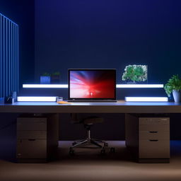 A sleek, modern workstation equipped with top-notch technology and ergonomic design, subtly illuminated.