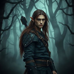 An unassuming male forest elf with long brown hair and dark green eyes, depicted in a dark fantasy style
