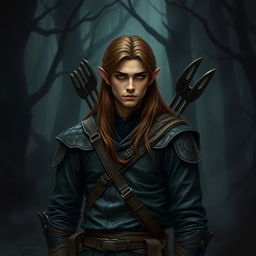 An unassuming male forest elf with long brown hair and dark green eyes, depicted in a dark fantasy style
