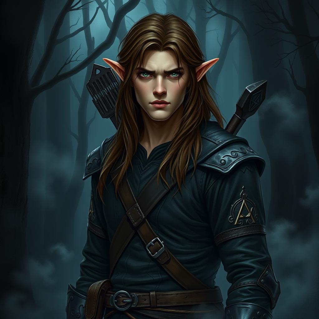 An unassuming male forest elf with long brown hair and dark green eyes, depicted in a dark fantasy style