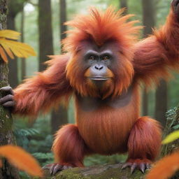 A lively, Pokemon-style rendition of an orangutan, characterized by vibrant colors, large inquisitive eyes and extravagant orange fur, striking a pose in a magical forest setting.