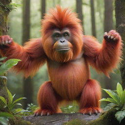 A lively, Pokemon-style rendition of an orangutan, characterized by vibrant colors, large inquisitive eyes and extravagant orange fur, striking a pose in a magical forest setting.