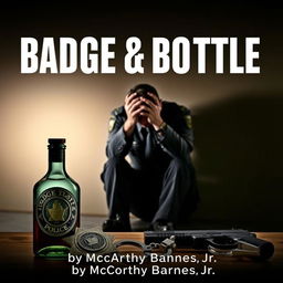 A police badge, a liquor bottle, a service weapon, and handcuffs are prominently displayed in the foreground