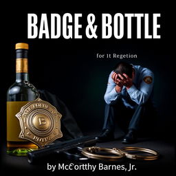 A police badge, a liquor bottle, a service weapon, and handcuffs are prominently displayed in the foreground