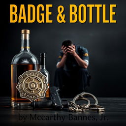 A police badge, a liquor bottle, a service weapon, and handcuffs are prominently displayed in the foreground