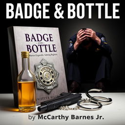A police badge, a liquor bottle, a service weapon, and handcuffs are prominently displayed in the foreground