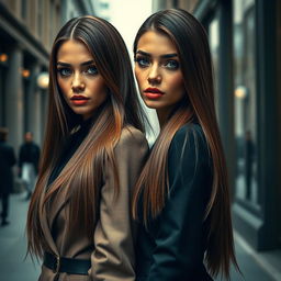 A hyperrealistic photograph featuring two stunning women, both with long, straight brown hair that cascades elegantly down their shoulders