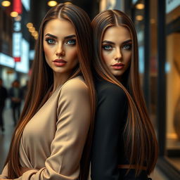 A hyperrealistic photograph featuring two stunning women, both with long, straight brown hair that cascades elegantly down their shoulders