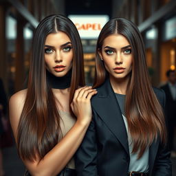 A hyperrealistic photograph featuring two stunning women, both with long, straight brown hair that cascades elegantly down their shoulders