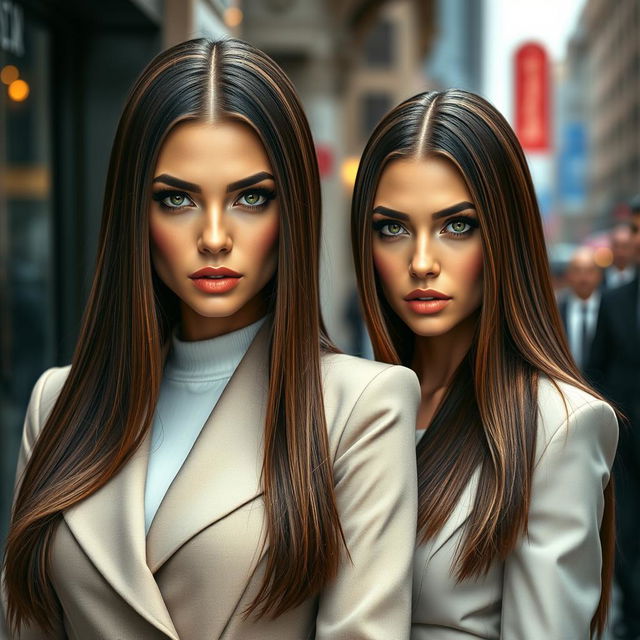 A hyperrealistic photograph featuring two stunning women, both with long, straight brown hair that cascades elegantly down their shoulders