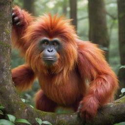 A lively, Pokemon-style rendition of an orangutan, characterized by vibrant colors, large inquisitive eyes and extravagant orange fur, striking a pose in a magical forest setting.