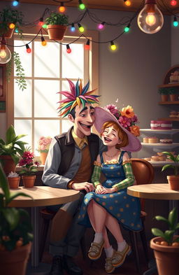 A whimsical scene depicting a quirky romance between two unique characters, a tall man with colorful hair wearing mismatched clothing, and a petite woman adorned with a bright, oversized hat covered in flowers