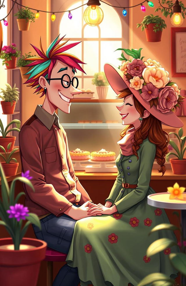 A whimsical scene depicting a quirky romance between two unique characters, a tall man with colorful hair wearing mismatched clothing, and a petite woman adorned with a bright, oversized hat covered in flowers